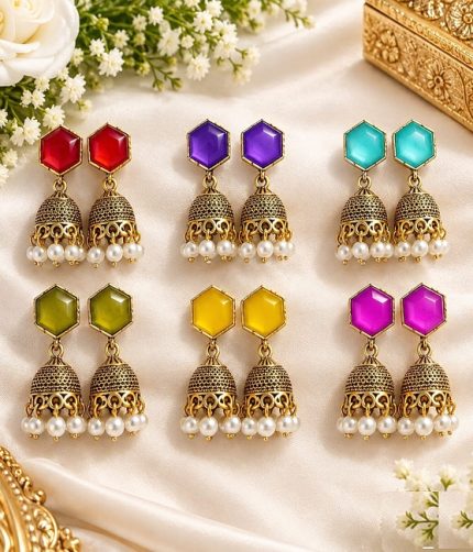 Pack of 6 Antique Jhumka Earrings – Multicolor Pearl Drop Set
