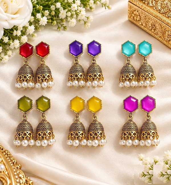 Pack of 6 Antique Jhumka Earrings – Multicolor Pearl Drop Set Pack of 6 Antique Jhumka Earrings – Multicolor Pearl Drop Set