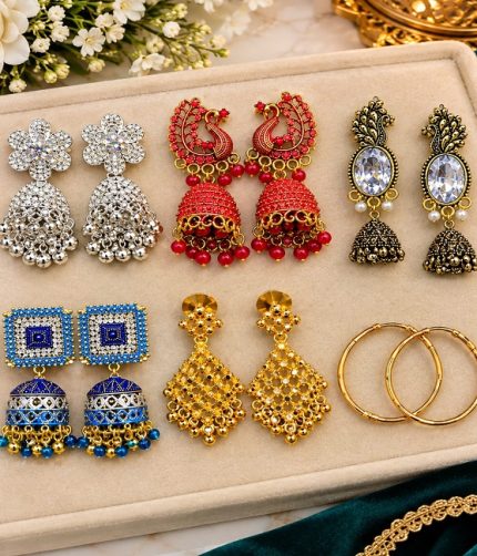 Deal of 6 Earrings – Mixed Design Jhumka, Peacock & Hoop Combo Pack (ZV:142252)