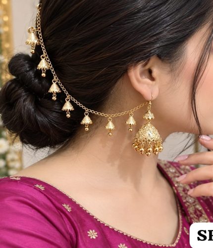 Gold Plated Sahara Jhumki – Traditional Jhumka Earrings with Hair Chain