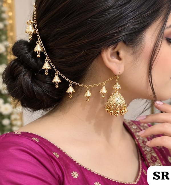 Gold Plated Sahara Jhumki – Traditional Jhumka Earrings with Hair Chain Gold Plated Sahara Jhumki – Traditional Jhumka Earrings with Hair Chain